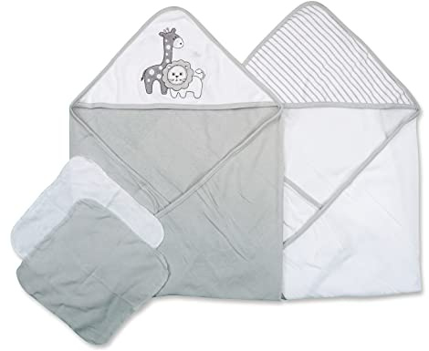 Spasilk Bath Hooded Towels & Washcloths Set for Babies, 2 Hooded Terry Bath Towels & 2 Washcloths, Grey Lion