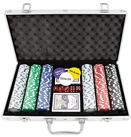 Global Gizmos 50539 - Set da poker da 300 pezzi, contiene patatine, dadi e carte, custodia portatile da casinò, per la notte dei giochi, Texas Hold'Em, Blackjack e altro, colore: argento