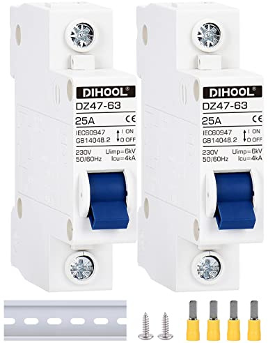 2PCS 25A Leistungsschalter DZ47-63 1-polig C25 AC 230V 400V 50/60HZ 4KA Sicherungsautomat 35mm Hutschienen(AC200V-400V,1 polig,25 Amp,2PCS)