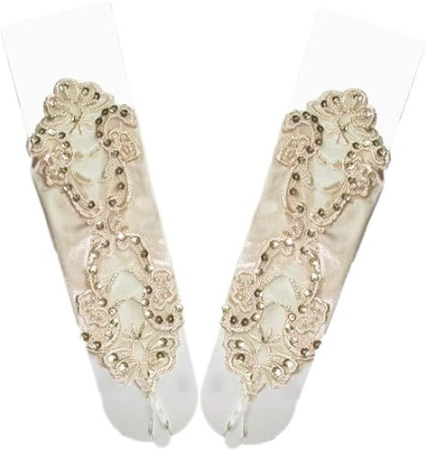 Wambere Spitzenhandschuhe für Frauen,elegante Handschuhe Paillettenröschen Spitzenhandschuh Hakenfinger-Spitze florale Handschuhe zum Binden für Hochzeit Bankett Kostümzubehör Party Abendessen,Sekt