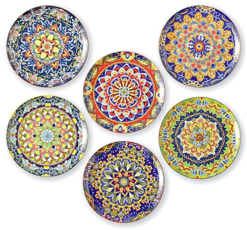 Ceramic Dinner Plate Set of 6-10.5 Inch Large Porcelain Plates for Pasta, Salad and Steak - Microwave and Dishwasher Safe - Colorful Bohemian Style Great for Party, Gift and Family Use