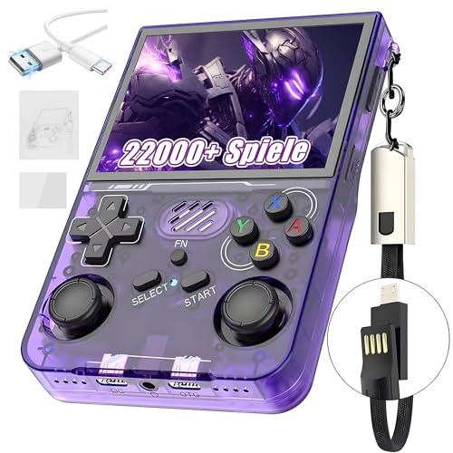 R36XX Retro Handheld Spielekonsole 128G,22000+ Spiele,12 Emulatoren,3000mAh,tragbare Videospielkonsole mit 3.5-Zoll-IPS-OCA-HD-Bildschirm,640*480P,Open Source Linux System,Dual 3D Joystick (Lila)