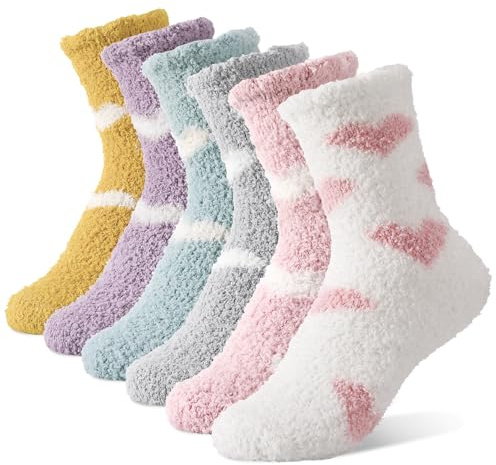 Utensilsto 6 Paar Kuschelsocken Damen 35-39 Flauschige Kuschel Socken Haussocken Fluffy Schlafsocken Fuzzy Flauschsocken Herz Wintersocken für Frauen Damen