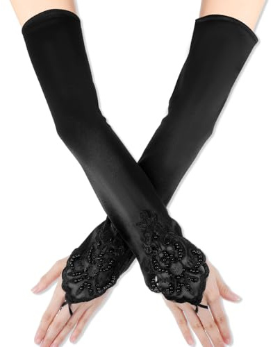 Long Fingerless Satin Gloves, Opera Party Gloves for Women, Elbow Length Silk Glove, 1920s Long Glove, Gatsby Style Costume Accessories for Dances, Banquet, Opera, Wedding, Party and Cosplay (Black)