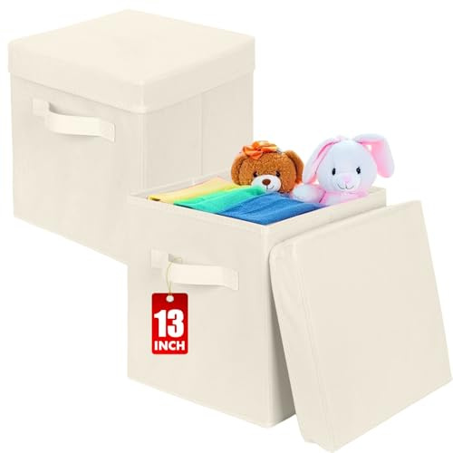 powerking Scatola di stoccaggio Bins, 2 pacchetto pieghevole tessuto stoccaggio cubo con coperchio, vestiti organizzatore cassetto per armadio e giocattoli stoccaggio, 33 x 33 x 33 cm,Beige