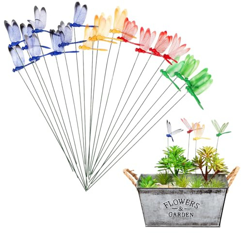 FONDOTIN 40 Stück Teiliges Libellen Gartenstecker aus Wetterfestem PVC Farbenfrohe Gelbe Rote Grüne und Blaue Libellen für Patio Rasen und Outdoor-Dekorationen mit Lebensechtem Effekt
