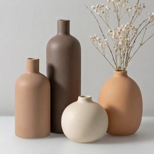 Sawoake Ceramic Vase Set of 4, Modern Home Decor for Shelves - Neutral Color Minimalist Flower Vases - Coffee Mix Collection, Housewarming Gift for Women, Mother, Wife, Friend, Sister