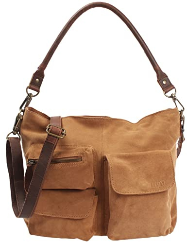 LECONI Schultertasche Ledertasche für Damen echtes Leder Natur großer Shopper Lederhandtasche für DIN A4 Damentasche Frauen Handtasche Veloursleder Wildleder 41x32x10cm LE0039-V