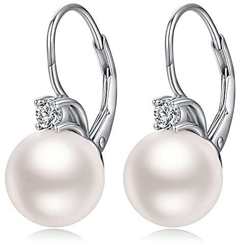 jiamiaoi 18Kt Weißgold plattiert Perlenohrringe Silber 925 Hängend, Perlen Ohrringe Damen Perlen Ohrhänger, Creolen mit Perle 8mm-10mm