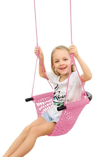 JKsmart Swing Seat for Kids Heavy Duty Rope Play Secure Children Swing Set,Perfect for Indoor,Outdoor,Playground,Home,Tree,with Snap Hooks and Swing Straps,440 lbs Capacity,Pink