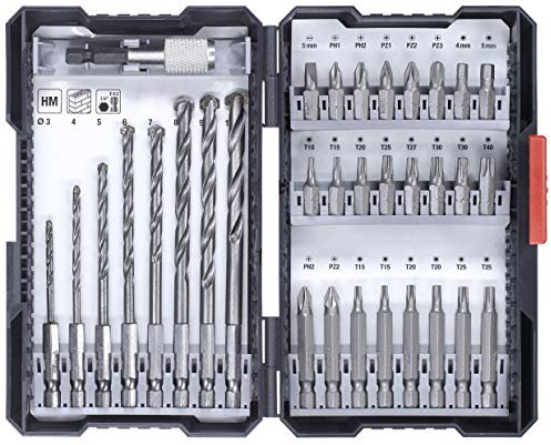 kwb Caja de 33 piezas con vástago hexagonal, 8 brocas de piedra HM y puntas PH, PZ y TX, incluye soporte para puntas