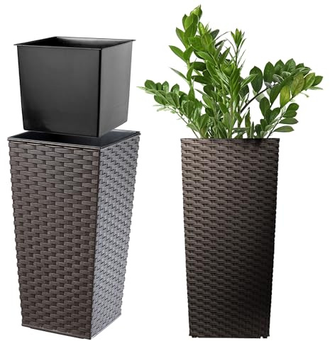 KADAX Pflanzkübel mit Innentopf, Höhe 36.5cm, 18x18cm, ca. 6L – Rattan-Optik Mokka, Frostsicherer Blumentopf für Innen & Außen, Garten, Balkon & Terrasse, UV-beständig, wetterfest