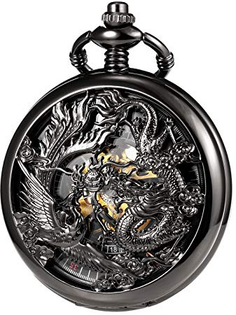 TREEWETO Orologio da tasca unisex retrò da uomo con catena analogica a carica manuale drago fenice scheletro romano nero