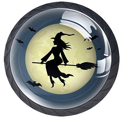 BestIdeas Round Drawer Knobs 4 Packs 30mm Pulls Handles Witch Riding a Broom Through Full Moon with Flying Bats Prints Used for Bedroom Dresser Cabinet Cupboard Kitchen Door