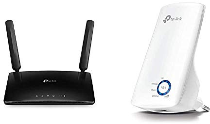 TP-Link TL-MR6400 WLAN Cat4 + N300 Mbps 4G LTE Router (150 Mbit/s im Download, 300 Mbit/s 2,4GHz), schwarz & TL-WA850RE WLAN Repeater (300 Mbit/s, WLAN Verstärker, App Steuerung) weiß