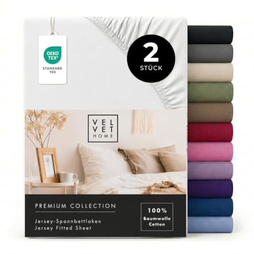 VelvetHome Doppelpack Spannbettlaken 90x200cm 100% gekämmte Baumwolle, Jersey Spannbetttuch für Matratzen bis 25 cm Höhe, Oeko-Tex Zertifiziert, bügelfrei, elastisch, atmungsaktiv, weich, Weiß