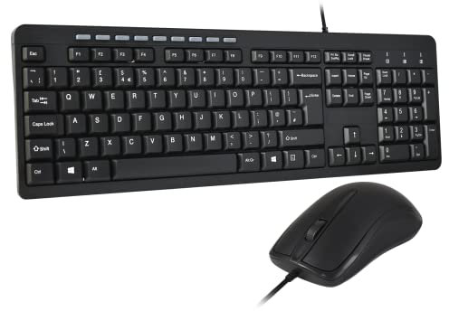 Combrite Wired Keyboard and Mouse Set, Full Size UK Layout Keyboard, Spill Resistant, Dedicated Multimedia Shortcut Keys, Comfort Optical Mouse, for Desktop PC, Laptop Computers, Black