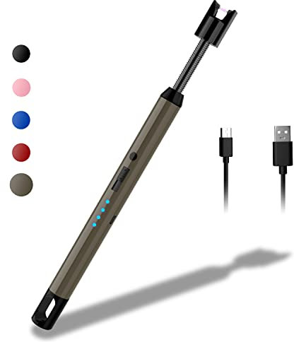 Rouclo Accendino Elettrico USB, Accendino Lungo per Candele Accendigas USB Ricaricabile con Indicatore della Batteria, Accendino Arco Elettrico per Accendere Candele, Stufe, Barbecue (Marrone)