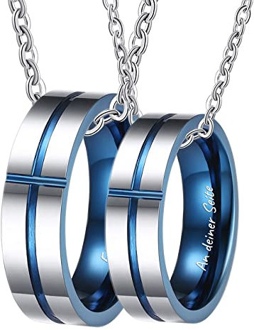 Dsnyu 2PCS Partner Kette Gravur EIN Leben lang An deiner Seite, Kreuz Gebürstet Halskette für Junge und Mädchen 50CM/ 60CM, Wolfram Charm Ketten Silber Blau