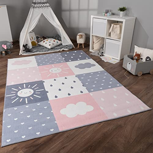 Paco Home Nursery Area Rug Kids Rug For Bedroom Girls Boys Non-slip Rainbow Heart Dots, Size:80x150 cm, Colour:Pink