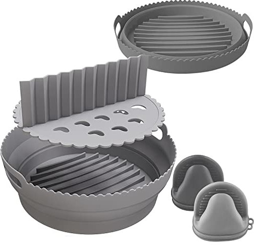 Silicone Air Fryer Liner, Divider & Heat Resistant Mitts, 8.46 inches Air Fryer Liners Reusable Air Fryer Accessories, Food Grade Silicon Baking Tray Collapsible Non-Stick,Water-Proof,Oil-Proof (Gray)