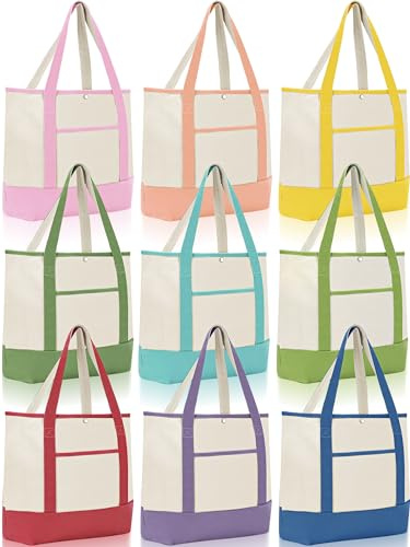 Sanwuta 9 Pcs Canvas Tote Bags Bulk with Outer Pocket 18‘' Reusable Grocery Shopping Blank Tote Bag for Women(Macaron Colors)