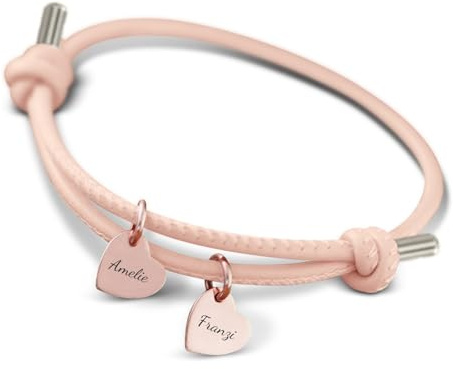 Love Faith Personalisiertes Freundschaftsarmband mit Gravur - Lederarmand mit 2 Herzen in 4 Farben - Anhänger in 3 Farben