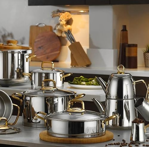 Batería de Cocina de Acero Inoxidable – Batería Cocina Kütahya Porselen Nil – Juego de Ollas de Cocina con Mango Dorado - 18 Piezas