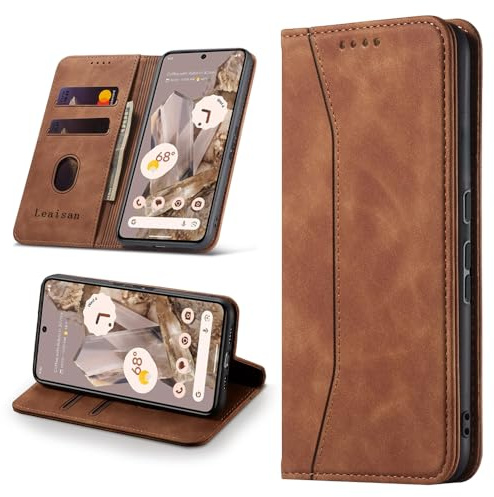Leaisan Handyhülle für Google Pixel 8 Pro Hülle Premium Leder Flip Klappbare Stoßfeste Magnetische [Standfunktion] [Kartenfächern] Schutzhülle für Google Pixel 8 Pro Tasche - Braun