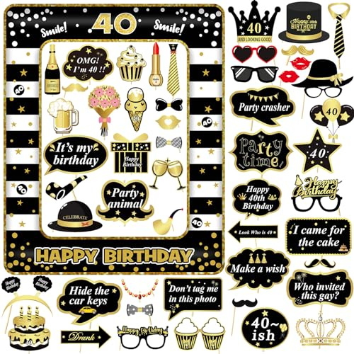 ZYKORT 53 Pezzi 40 Anni Photo Booth Compleanno Kit, Gadget Compleanno con Cornice Gonfiabile per Selfie, Foto Props Fai da Te Accessori per Festa 40 Anni