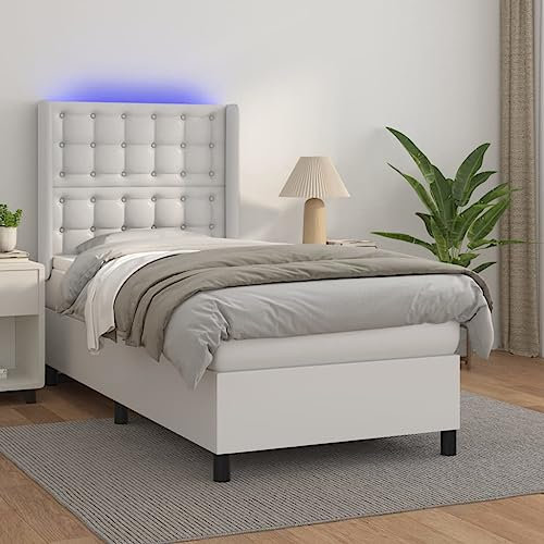 Gecheer Boxspringbett mit Matratze & LED Polsterbett Bettgestell Jugendbett Doppelbett/Einzelbett Gästebett Schlafzimmerbett Balkenbett Bettrahmen Lattenrost Holzbett Bett Weiß 90x190 cm Kunstleder