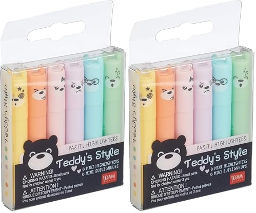 LEGAMI - Teddy's Style, Set mit 6 Mini-Textmarkern, 1 x 7,5 cm, Gelb, Pfirsich, Rosa, Lila, Hellblau, Hellgrün, zum präzisen Unterstreichen und Markieren, Mehrfarbig 2 (Packung mit 2)
