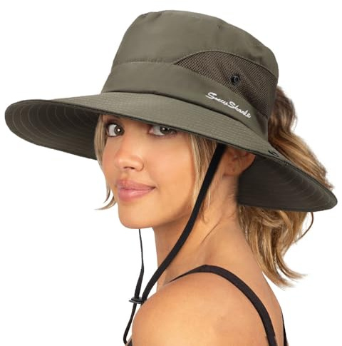 DRESHOW Donna Sole Cappello All'aperto UV Protezione Cappello Maglia Pieghevole Tesa Larga Pesca Coda di Cavallo Spiaggia Secchiello Cappelli