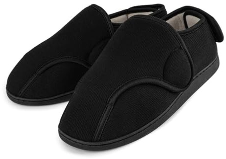 TIESTRA Mens Slippers Memory Foam Slippers Wide Fit Adjustable House Shoes for Diabetic Swollen Feet Black 4UK-37EU