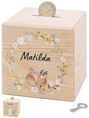 Bärenfreunde® - Personalisierte Spardose Kinder aus Holz mit Metallschloss - Spardose mit Namen mit kinderfreundlichem UV-Druck zum Sparen für Kinderträume (REH Blumen)