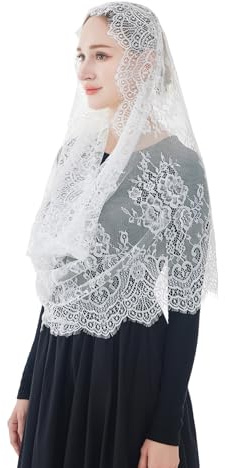 Wgior Spanish Infinity Veils for Church Lace Chapel Veils Catholic Church Veil Latin Mass Head Covering Scarf Mantilla (White)