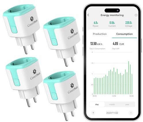 GreenSun Presa Intelligente Wifi Presa - Presa Consumo Energia Bidirezionale, Compatibile con Alexa, Presa Comandata, Presa Timer Programmabile,Tuya Smart Life 2.4G 4PC