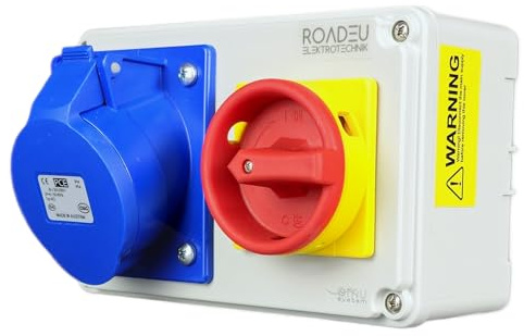 RoadEu - Wandsteckdose mit Hauptschalter 0-1, Steckdose 16A 3P 230V, Einphasige CEE Stromverteiler mit Zugangssperre
