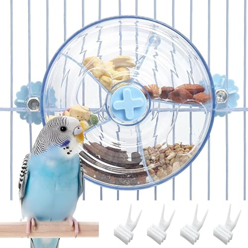 BNOSDM Bird Foraging Toy, Enrichment Parrot Puzzle Toys Transparent | Creative Feeder Systems with Seed Food Rotating Wheel or Small and Medium Cockatiel Parakeet Conure(Blue)