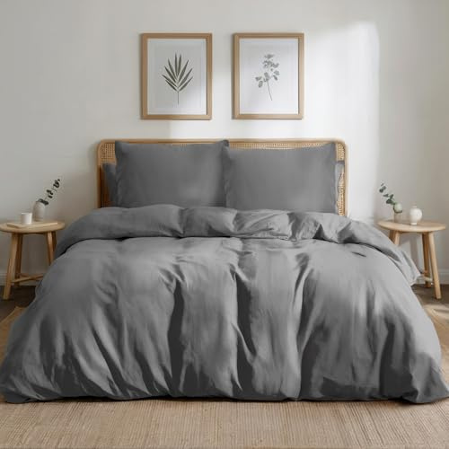Dreamzie Bettwäsche-Set 155x220 aus Baumwoll-Perkal – Anthrazit – Bettbezug 155x220 und 2X Kissenbezug 80x80 cm – Oeko-Tex Zertifiziert