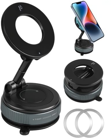 Hemlosk Soporte Magnetico Movil Coche, Ventosa Mejorada, Rotación 360°, Magnetic Phone Holder, Soporte Magnetico Movil Plegable para iPhone 16/15/14/13/12 Series Galaxy S24 Ultra, Negro