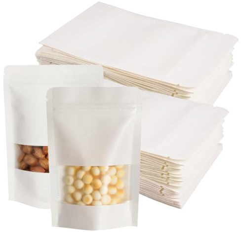 100 Pièces Sachet Kraft Alimentaire Blanc avec Fenetre, 14 x 9 cm