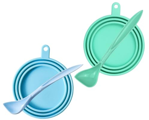 HOLIDYOYO 4pcs Silicone Pet Food Can Covers with Feeding Spoons Airtight Dog and Cat Tin Lids Food Grade Freshness Sealers Flexible and Dishwasher Safe Prevent Fridge Odors