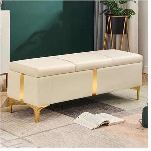 Moderne Polsterbank aus Leder mit Stauraum, große Polsterbank mit Metallbeinen und Sicherheitsscharnier für Schlafzimmer, Wohnzimmer, Eingangsbereich (Größe: 40 x 40 x 45 cm)