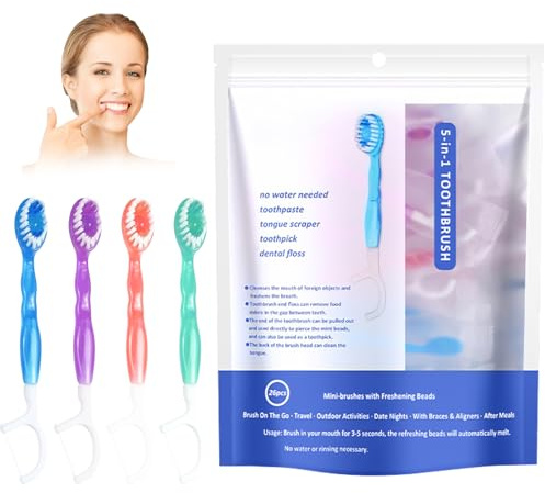 Puasok 26pcs Cepillos de Dientes 5 en 1 para Viaje, Mini Cepillo Portátil | con Pasta de Dientes, Hilo Dental, Raspador de Lengua y Palillo, Envueltos Individualmente, Sabores Surtidos