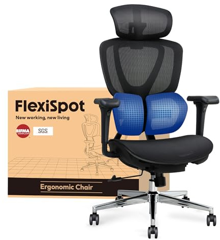 FLEXISPOT Ergonomischer Bürostuhl mit Dual Wing Lendenstütze, 3D-Kopfstütze & Armlehnen, Verstellbarer Sitztiefe, Rückenlehne & Neigung Arbeitsstuhl für Büro & Home Office (Schwarz)