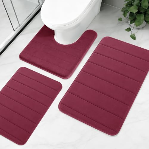 NAKIHOUSE Bathroom Mat Sets 3 Piece, Non-Slip and Absorbent Bath Mat Set | Thick Memory Foam, Extra Soft, Machine Washable Wine Red Floor Mats +Toilet Rug for Bathroom Shower Bathtub Sink