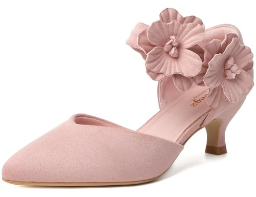 RIBONGZ Women's Low Kitten Heel Pumps Comfortable Pointed Toe Dress Shoes Flower Strap Slip On Dressy Heels for Wedding Dancing Party Office Work