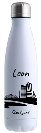 Gravur-Max Trinkflasche Edelstahl 500 ml personalisiert – doppelwandige Thermosflasche hält 13 h warm & 24 h kalt – auslaufsicher, BPA-frei & mit Skyline von Stuttgart & Wunschname bedruckt - Weiß