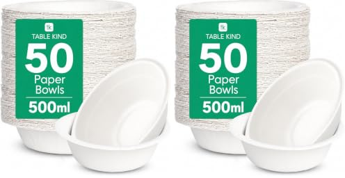 Table Kind 50 x Ciotole di carta Confezione sfusa Piatti monouso ecologici per campeggio Catering Uso quotidiano per insalata Dessert Cereali Forniture per feste di compleanno Prodotto nell'UE 23 cm